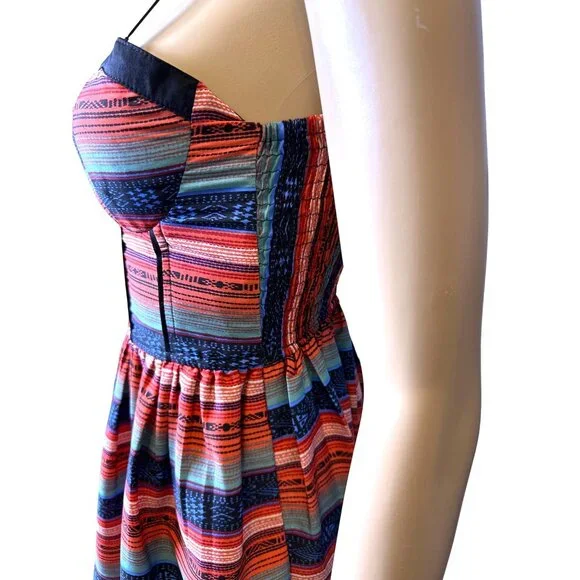 Band Of Gypsies Striped Corset Bustier Mini Dress Smocking Red Blue Size Small - Picture 10 of 13